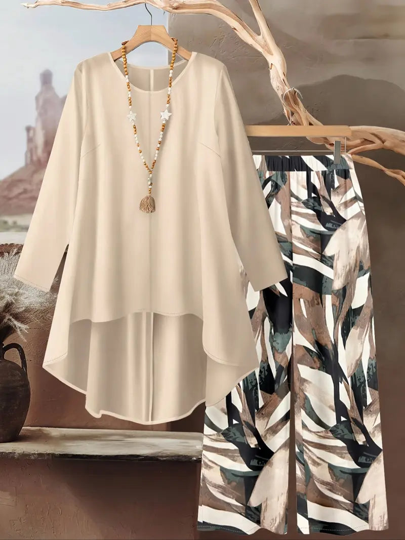 Women's Round Neck Irregular Long- Sleeved Fitted Top and Elastic Waist Solid Color Wide- Leg Pants Two-piece Matching Set, Suitable for Beach, Daily Outings, Holidays, Home, Casual Wear
