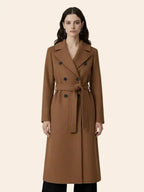 Long double-breasted coat with a belt and lapel, suitable for everyday wear and versatile