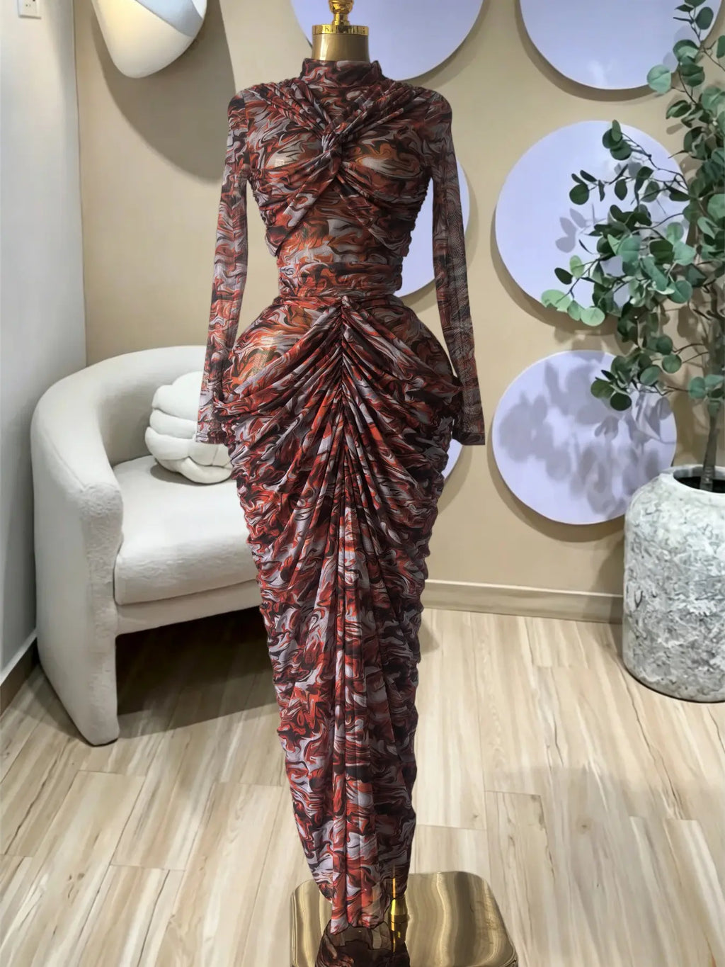 Women's Tie Dye Printed Two Piece Set Outfits, Wrap Long Sleeve Crop Top + Ruched Maxi Skirt