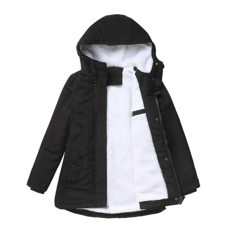 Winter Thickened Cotton Parka with Fleece Lining Hooded Warm Coat Mid-Length Women's Fitted Long Sleeve Outerwear Black Imitation Fur Tops for Casual Basic Minimalist Womenswear Elegance Style - Jackets