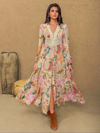 Women's Leaf Print Contrast Lace Button Front Split Thigh Dress, Elegant Bishop Sleeve V Neck Ruffle Hem Long Dress for Holiday Vacation, Ladies Fall & Winter Clothes