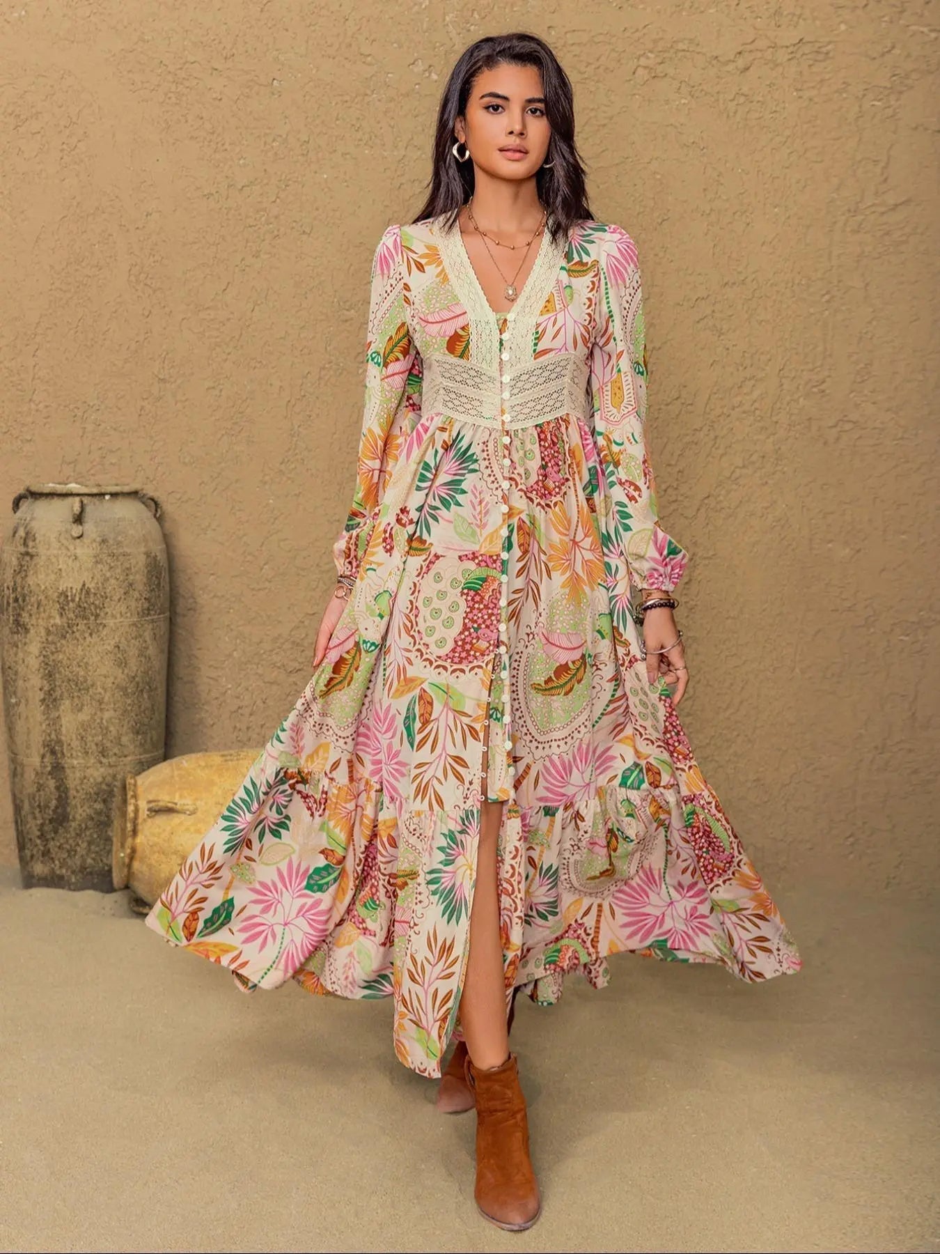 Women's Leaf Print Contrast Lace Button Front Split Thigh Dress, Elegant Bishop Sleeve V Neck Ruffle Hem Long Dress for Holiday Vacation, Ladies Fall & Winter Clothes