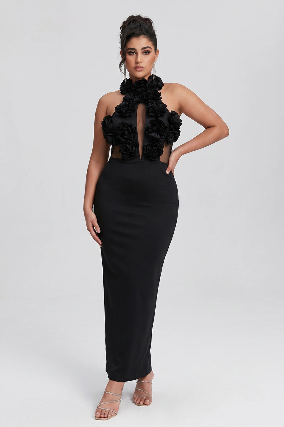 Curveins Plus Size Sexy Halter Neck Large Flower Fitted Back Slit Maxi Dress