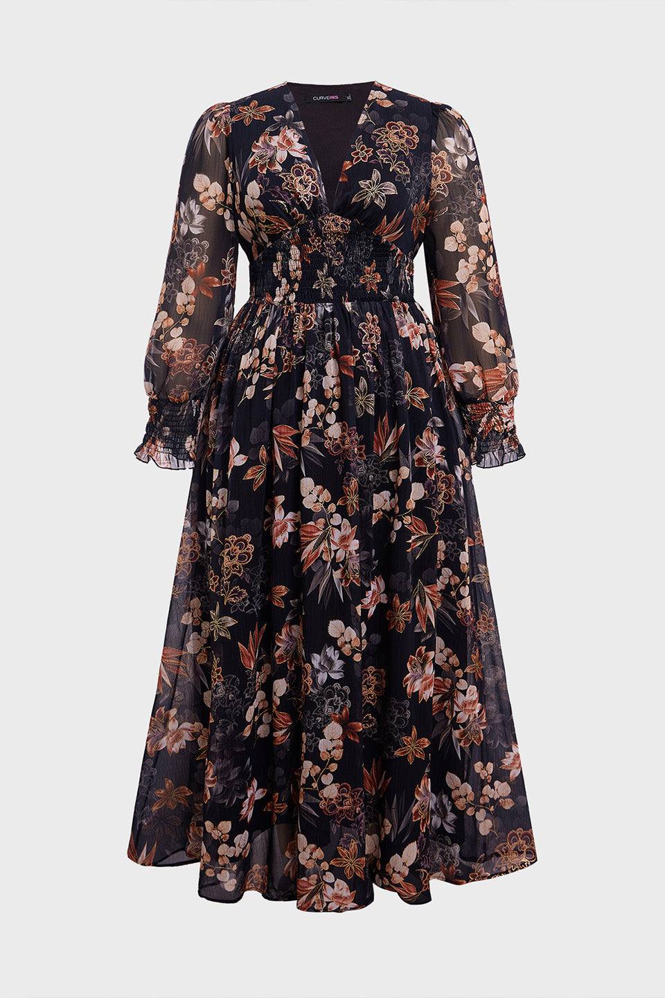 Curveins Plus Size V Neck Long Sleeve Floral Waist Maxi Dress