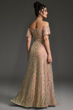 Curveins Plus Size Off-Shoulder Waist Cinched Striped Sequin Maxi Evening Dress