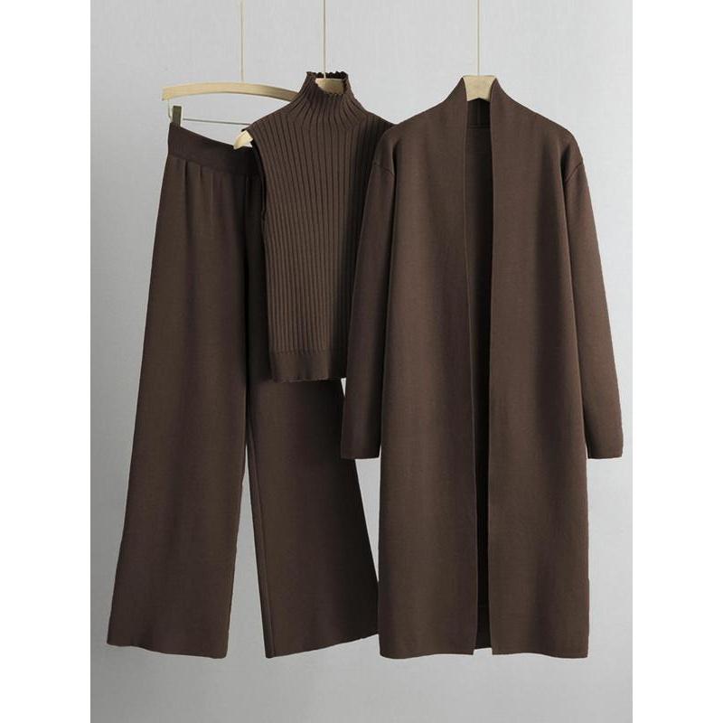 Trendy Knit Turtle Neck Tank & Wide Leg Trousers with Open-front Long Cardigan Three-piece Clothes Sets, Casual Womenswear