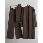 Trendy Knit Turtle Neck Tank & Wide Leg Trousers with Open-front Long Cardigan Three-piece Clothes Sets, Casual Womenswear