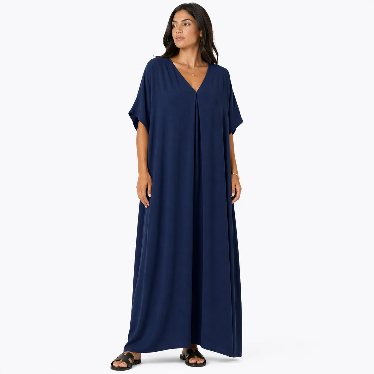 Women's long, flowy, oversized V-neck dress – chic and comfortable for summer.