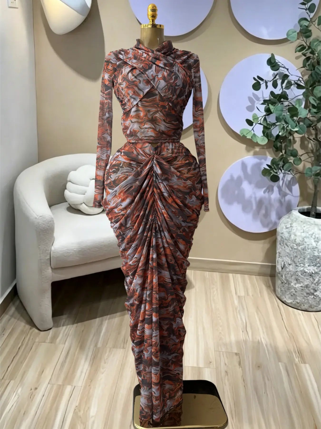 Women's Tie Dye Printed Two Piece Set Outfits, Wrap Long Sleeve Crop Top + Ruched Maxi Skirt