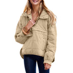 Women's Oversized Puffer Jacket Quilted Dolman Hoodies Pullover Long Sleeve Lightweight Warm Tops with Big Chest Pocket