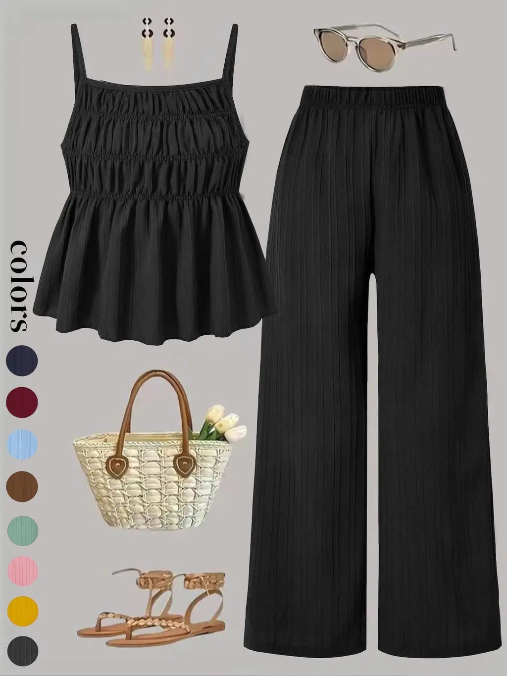 Two-Piece Set Women's Solid Color Cami Top & Wide Leg Pants Set