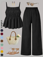 Two-Piece Set Women's Solid Color Cami Top & Wide Leg Pants Set