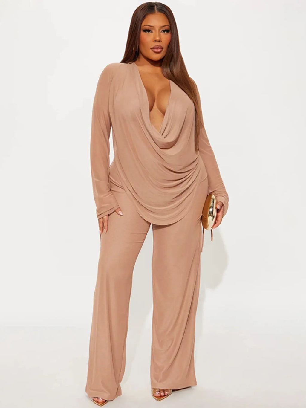 Women's Deep V Neck Blouse Set, Long Sleeve Crop Top & High Waisted Pants, Sexy Plain Design, Fall Winter Fashion