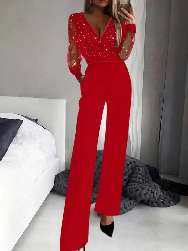 Women's fashionable and sexy black mesh sequin patchwork deep V-neck long-sleeved one-piece slimming wide-leg trousers, suitable for spring and autumn