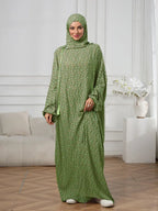 Plus-Size Fashion Floral Dress with Hood and Drawstring — featuring a loose fit, long lantern sleeves, and a modest yet casual style.