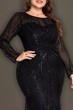 Curveins Plus Size Round Neck Long Sleeve Sequin Bodycon Maxi Dress