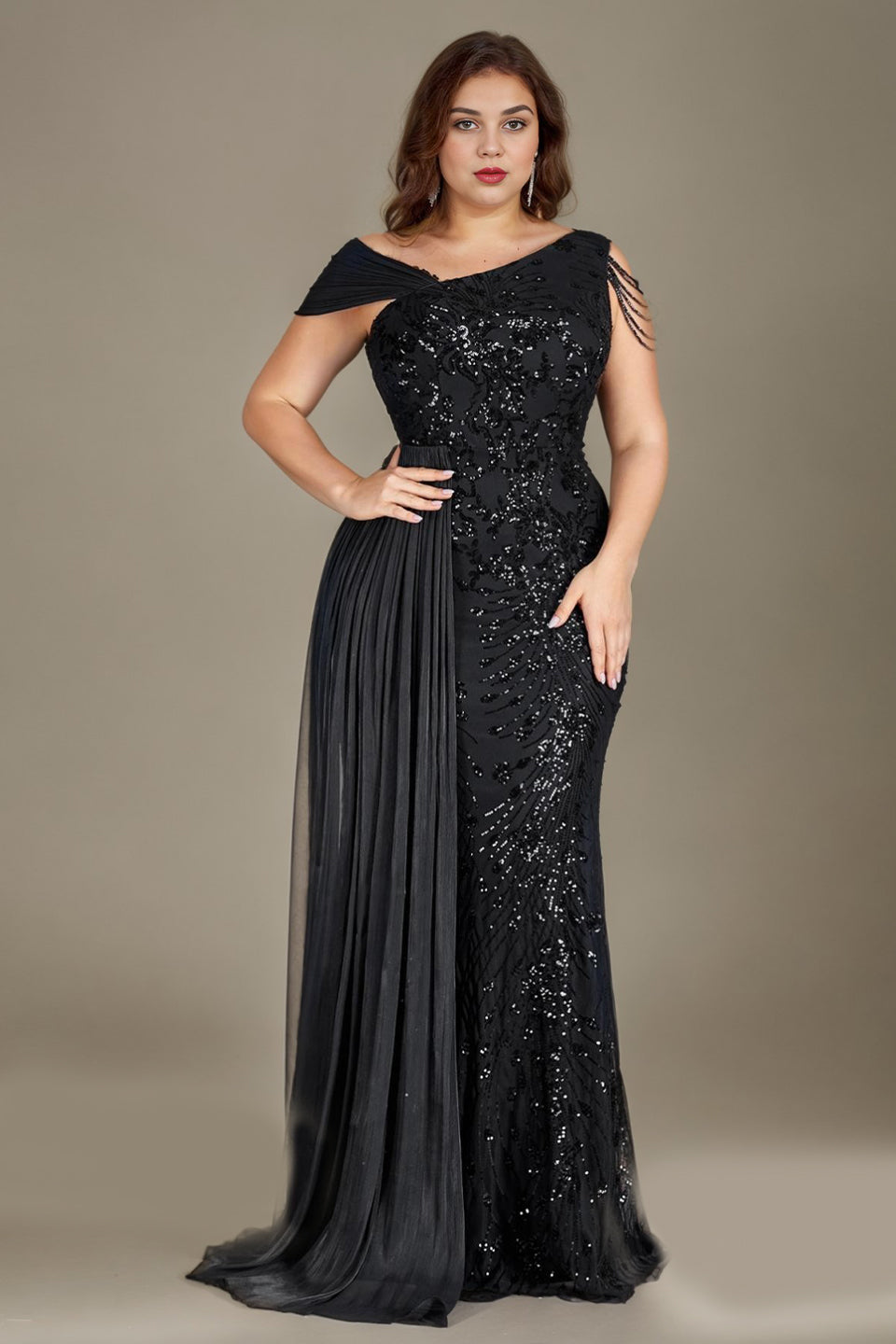 Curveins Plus Size One Shoulder Sleeveless Beaded Ribbon Elegant Maxi Dress