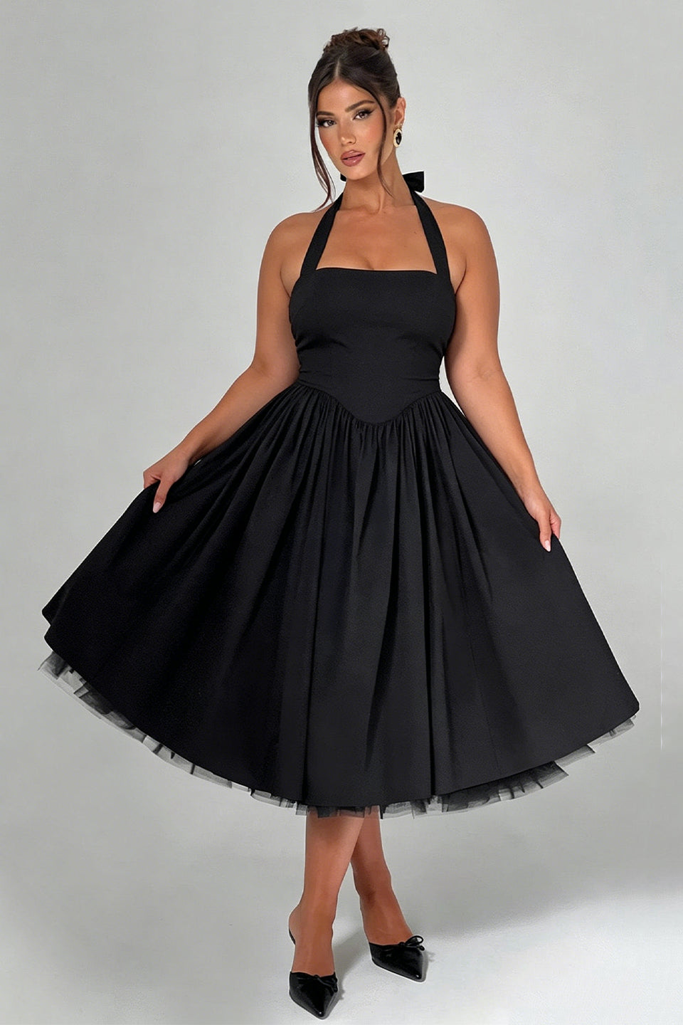 Curveins Plus Size Halter Neck Spaghetti Strap Sleeveless Puff Skirt Midi Dress