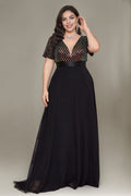 Curveins Plus Size Sequin V-Neck Short Sleeve Maxi Evening Gown