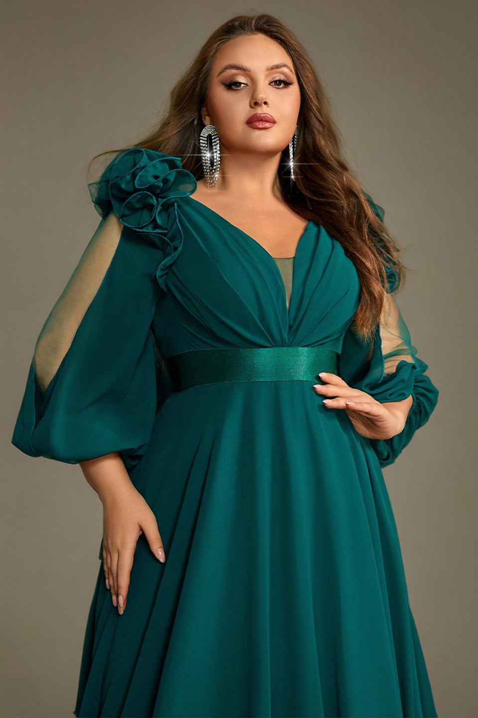 Curveins Plus Size Elegant V-Neck Batwing Sleeve Waist-Hugging Long Dress
