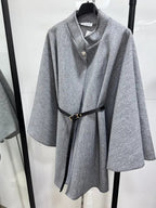 Women's Plain Front Buckle Belted Woolen Cape Coat