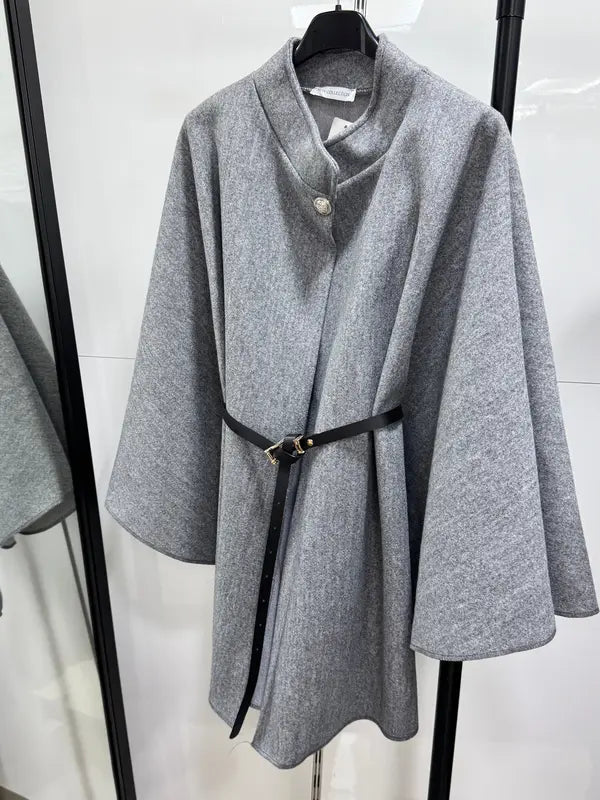Women's Plain Front Buckle Belted Woolen Cape Coat