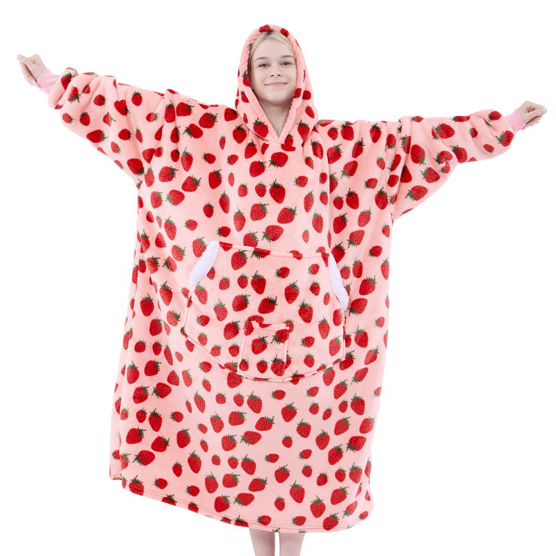 Wearable Blanket Hoodie Oversized Sherpa Fleece Hooded Sweatshirt Blanket with Sleeves,Cozy and Giant Blanket Hoodie Extra Long for Adults Women Winter Gift (Strawberry)