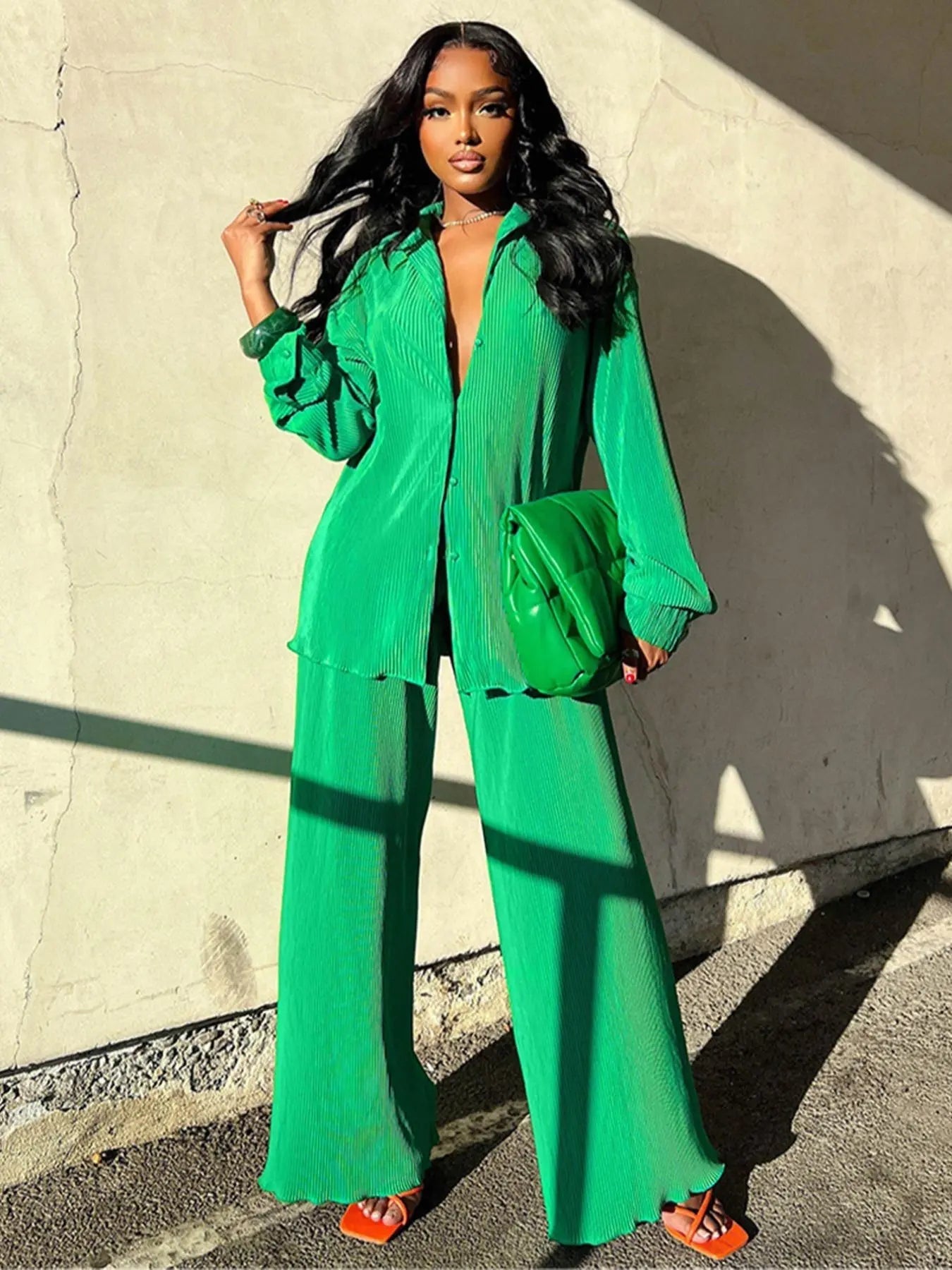 Women's Solid Button Front Shirt & Elastic Waist Pants Two-piece Set