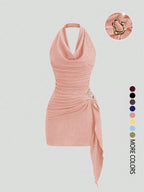 Women's Fashion Solid Color Ruched Halter Dress