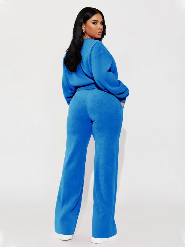 Women's Casual Fashion Long Sleeve Top & High Waist Straight Leg Pants Set, Autumn Winter, Comfortable and Stylish Clothing, Womenswear
