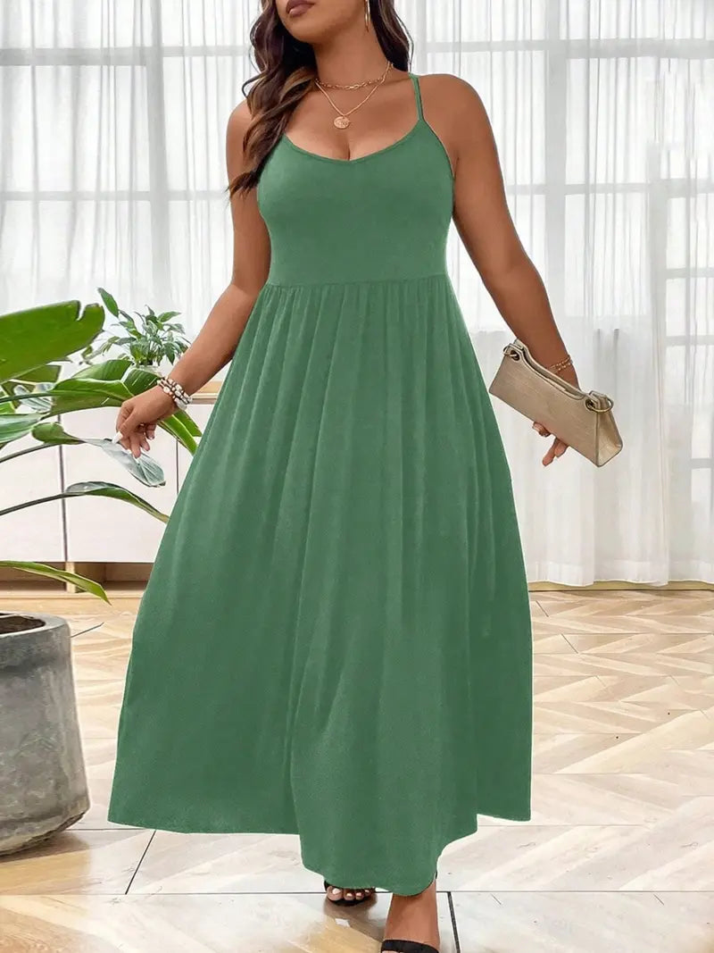 Plus Size Criss Cross Backless Cami Dress, Casual Solid Sleeveless Spaghetti Strap A-Line Dress for Summer, Women's Clothes for Party Holiday