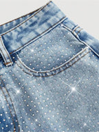 Women's Elegant High-Waisted Wide-Leg Jeans, Fitted Woven Fabric, Rhinestone Embellished, All-Season Fashion Pants