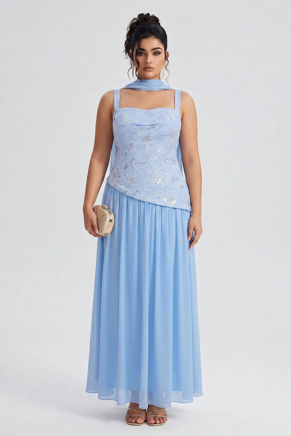 Curveins Plus Size Halter Neck Sleeveless Sequin Patchwork Fitted Maxi Dress