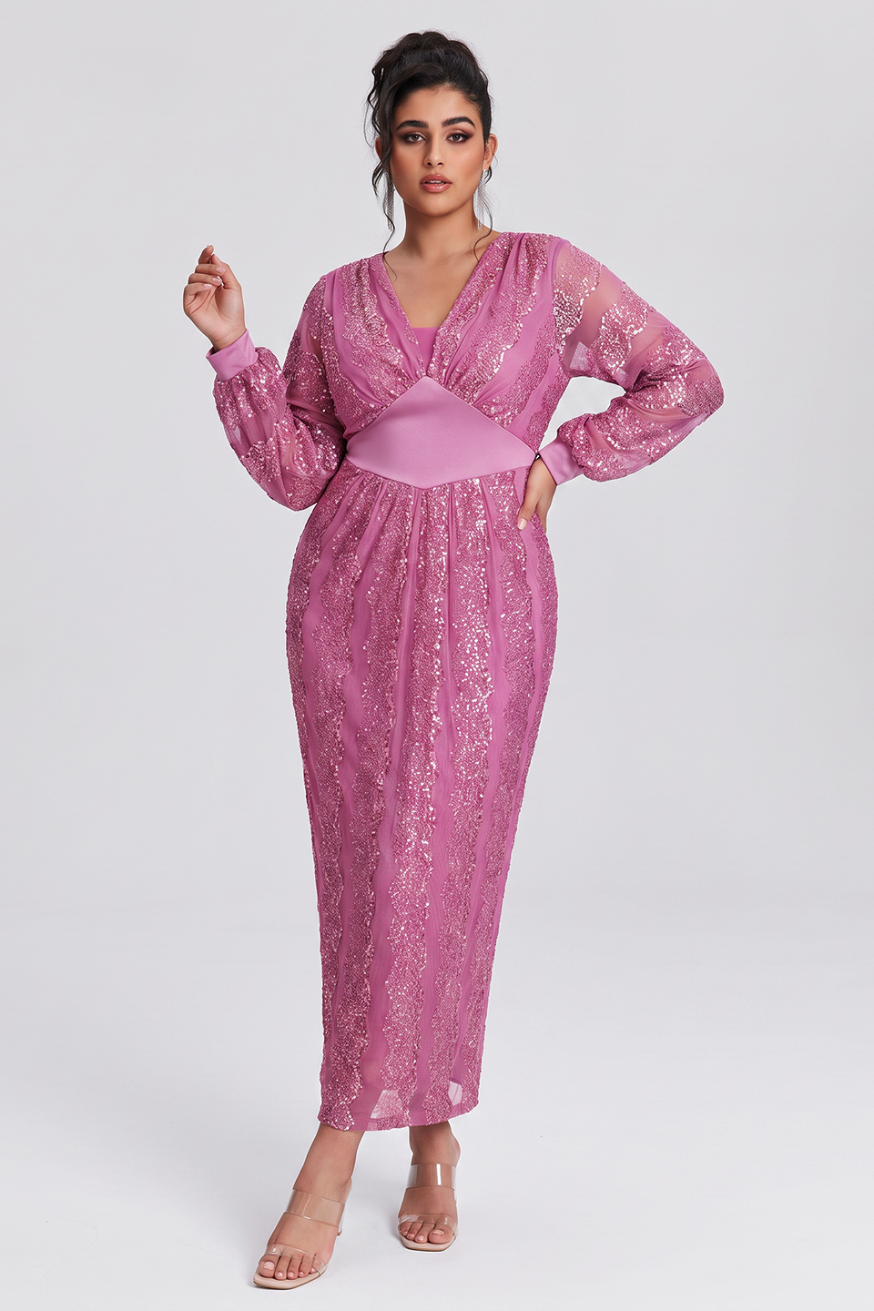 Curveins Plus Size V-Neck Sequin Balloon Sleeve Back-Slit Elegant Evening Maxi Dress