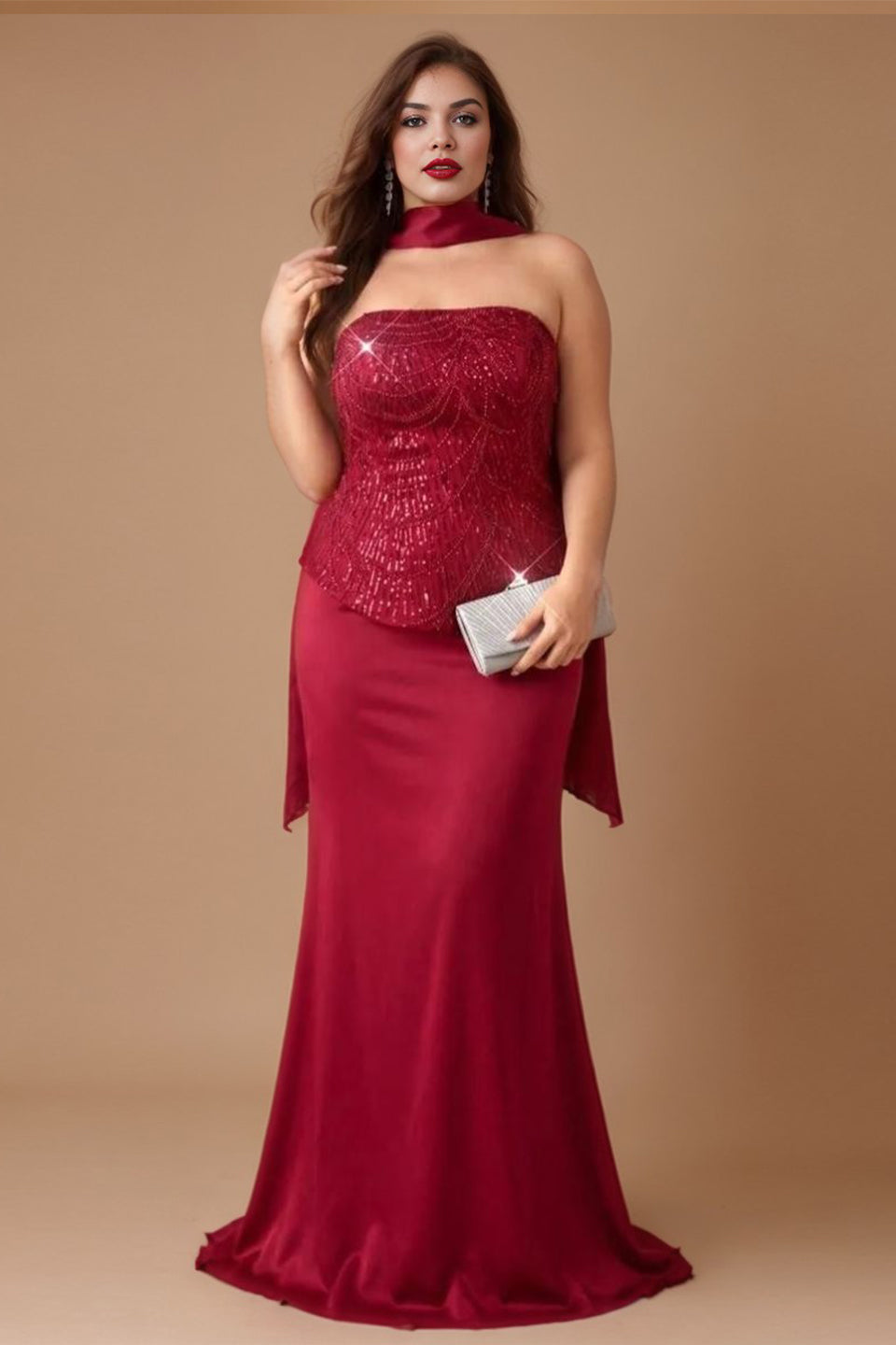 Curveins Plus Size Sequin Strapless Bodycon Maxi Dress with Scarf Detail