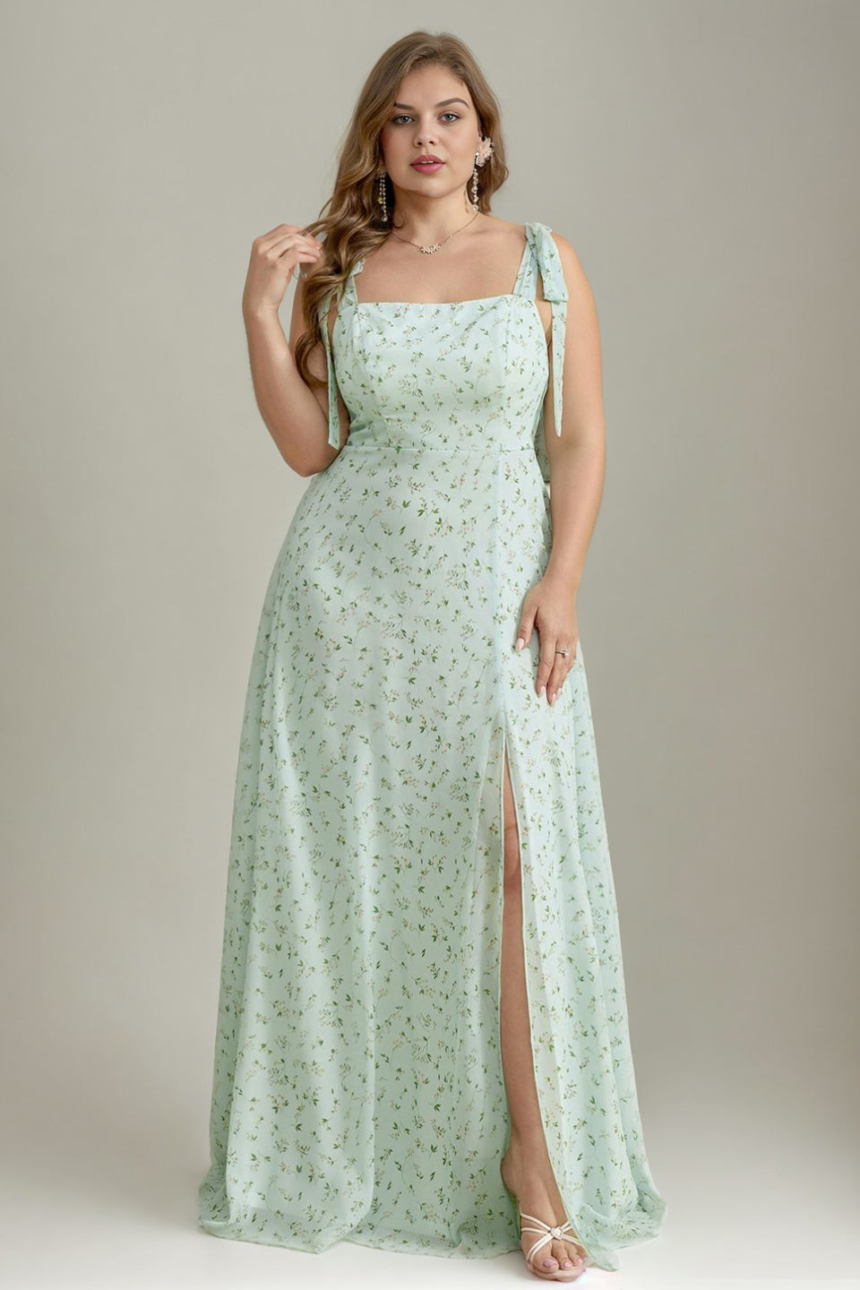 Curveins Plus Size Square Neck Spaghetti Strap Floral Embellishment High Slit Maxi Dress