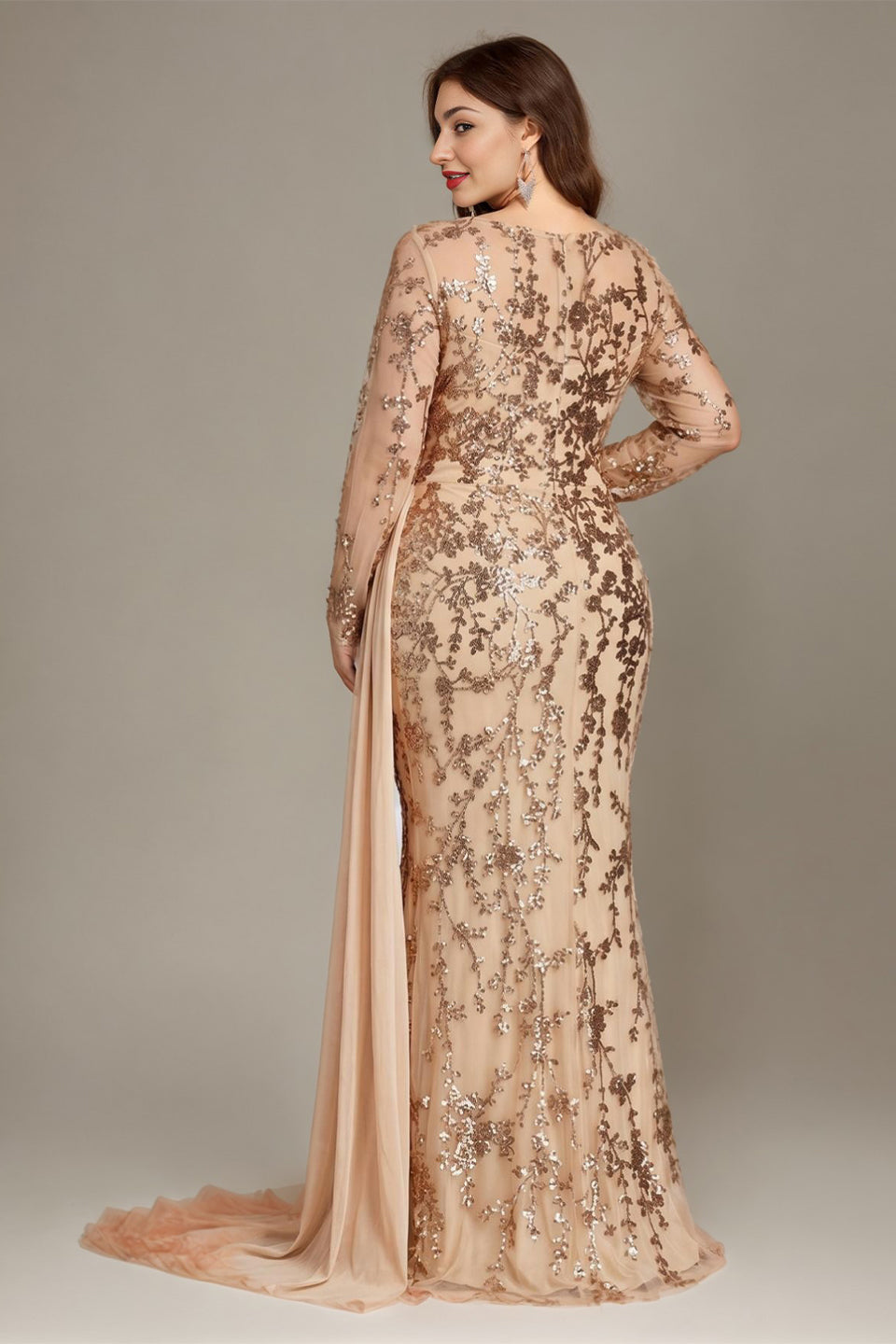 Curveins Plus Size Round Neck Embroidered Tie-Sash Bodycon Maxi Dress