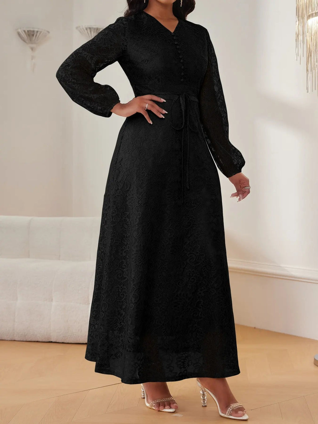 Women's Lace V-Neck Long Sleeve Dress, Elegant Chic Belted Waist, Slim Fit, Plain Color, Wedding Evening Formal Occasion, Spring & Fall