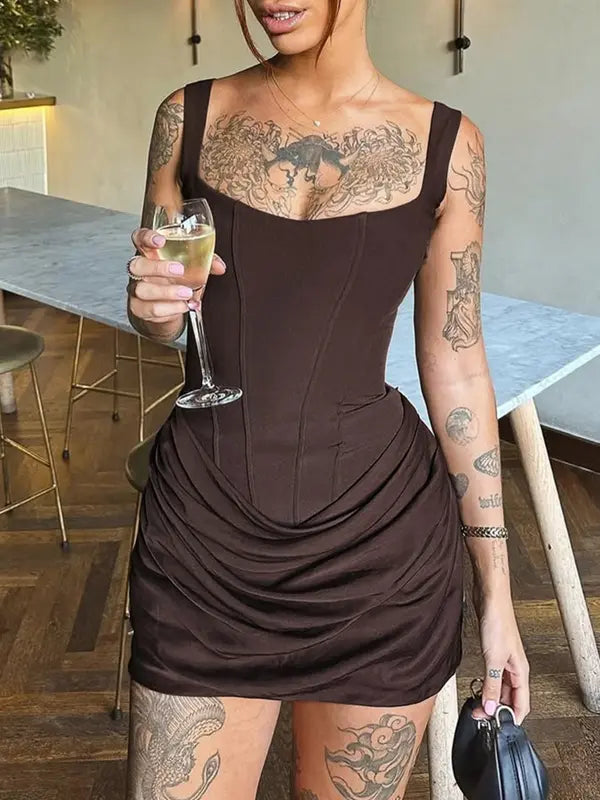 Sexy Fishbone Bodycon Ruched Drawstring Mini Corset Dress Sexy Women Night Out Club Wear Party Dress