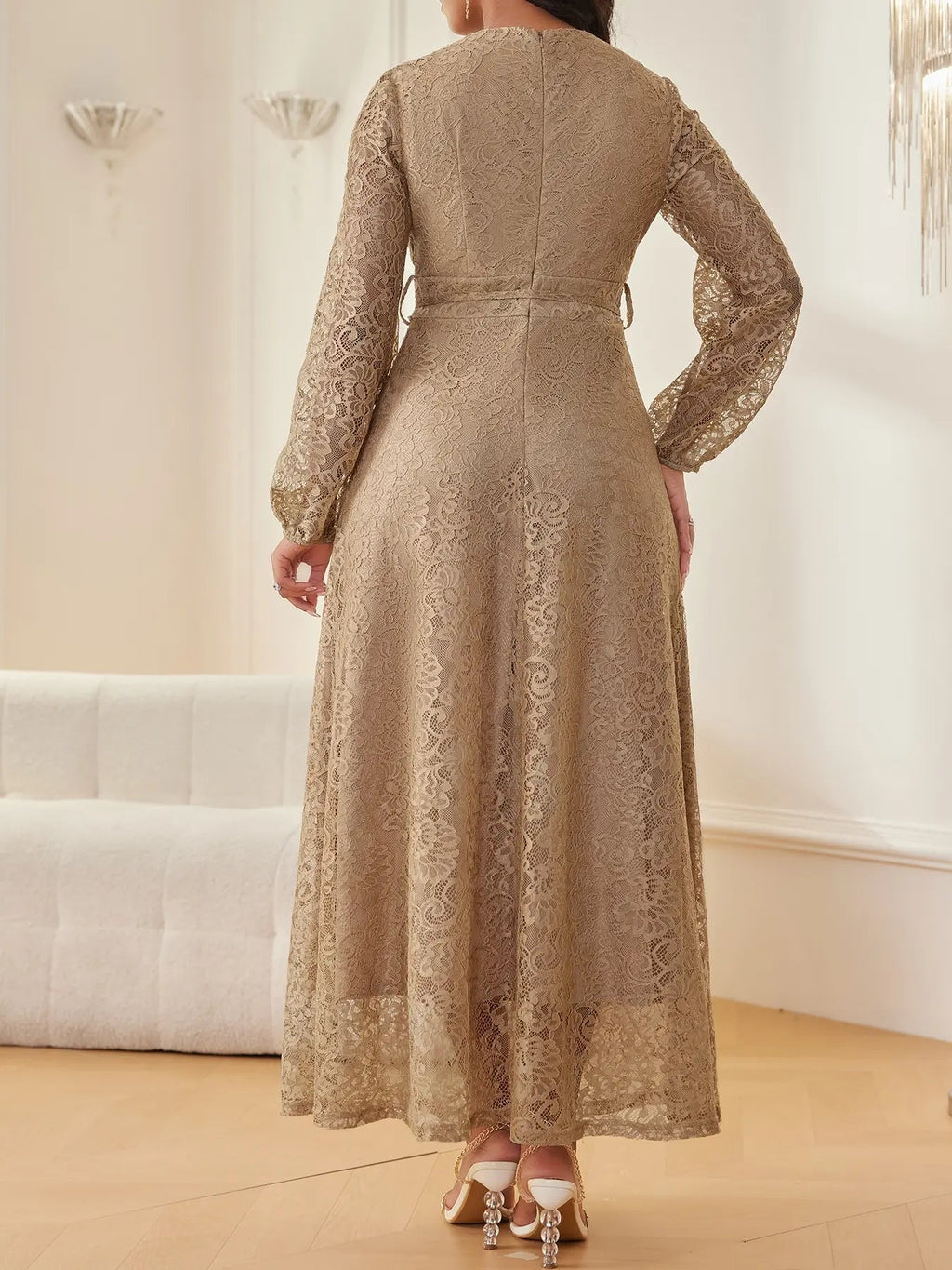 Women's Lace V-Neck Long Sleeve Dress, Elegant Chic Belted Waist, Slim Fit, Plain Color, Wedding Evening Formal Occasion, Spring & Fall