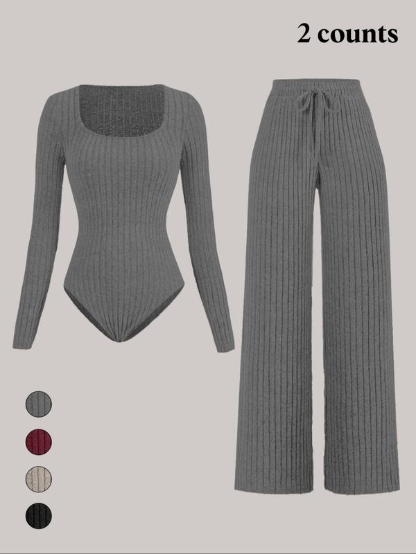 Women's Slim-Fit Solid Color Ribbed Fleece Jumpsuit Set, Wide Leg Pants, Fashionable Comfortable Fabric for Daily Wear