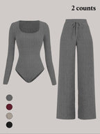 Women's Slim-Fit Solid Color Ribbed Fleece Jumpsuit Set, Wide Leg Pants, Fashionable Comfortable Fabric for Daily Wear