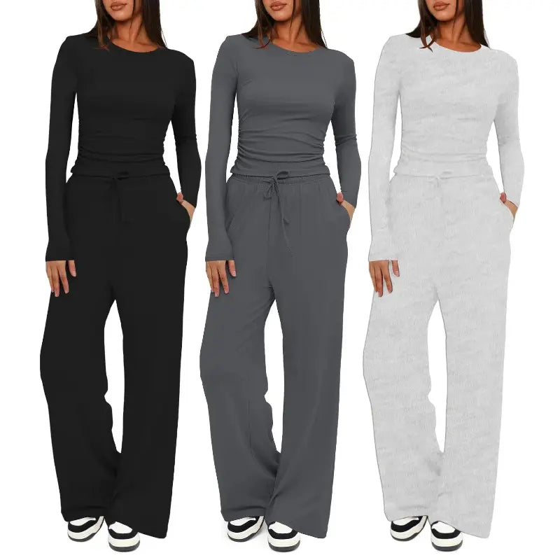 Women's Solid Ruched Drawstring Loungewear Set, Casual Long Sleeve Round Neck Top & Pocket Wide Leg Trousers, Ladies Sleepwear for All Seasons