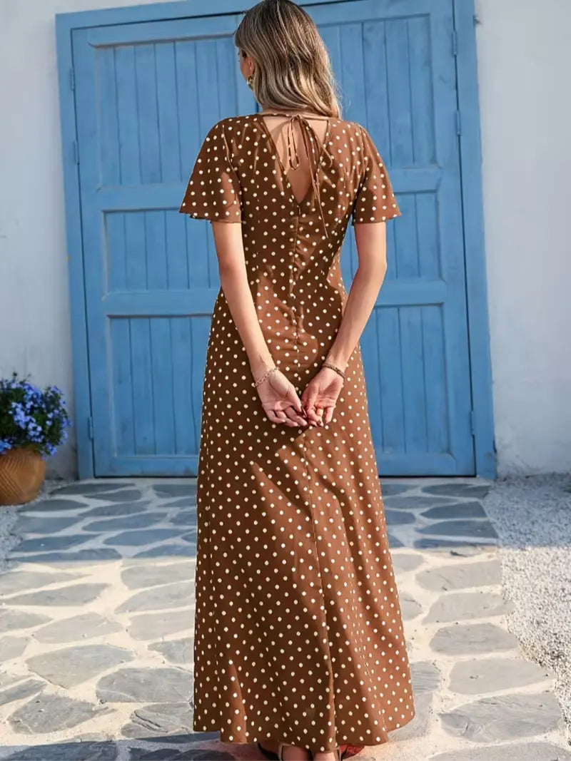 Women's Bohemian V-Neck Short Sleeve Long Dress, Casual Polka Dot Vacation Style, New European and American Fashion