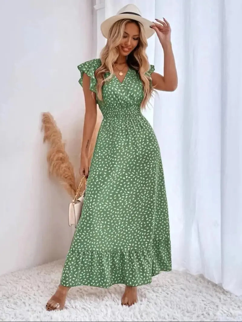 Women's Spring Summer Fashion Casual Floral V Neck Ruffle Waist Slim Bohemian Boho Style Dress, Long Cap Sleeve Fitted Wrap Dress for Vacation