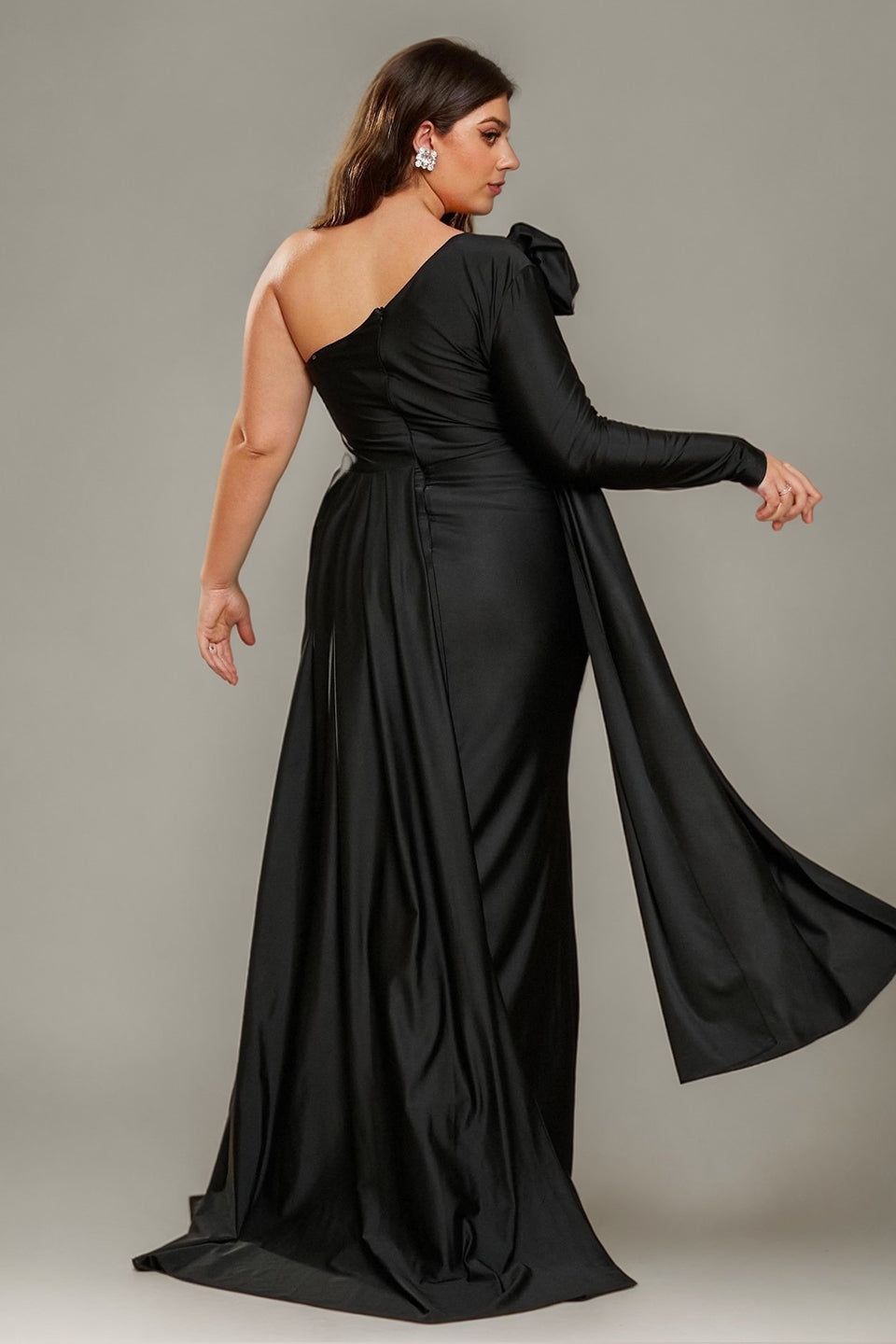 Curveins Plus Size Elegant One Shoulder 3D Floral Sash Detail High Slit Bodycon Maxi Dress