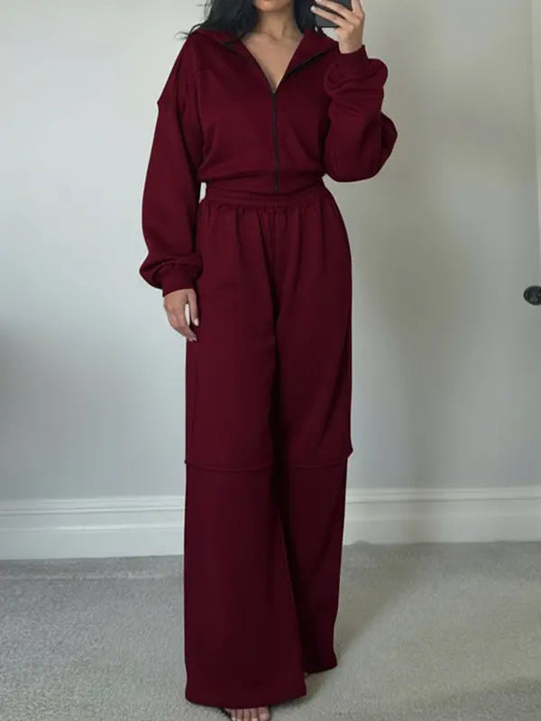 Women's Solid Zip Up Hooded Sweatshirt & Pocket Elastic Waist Pants Two-piece Set, Casual Drop Shoulder Long Sleeve Top & Trousers for Fall & Winter, Women's Clothes for Daily Wear