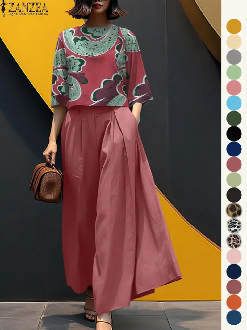 Women's Top & Wide Leg Pants Two-piece Set, Casual Fashion Minimalist Cozy Three Quarter Length Sleeve Top & Trousers for Daily Outdoor Wear, Ladies Clothes for All Seasons, Womenswear