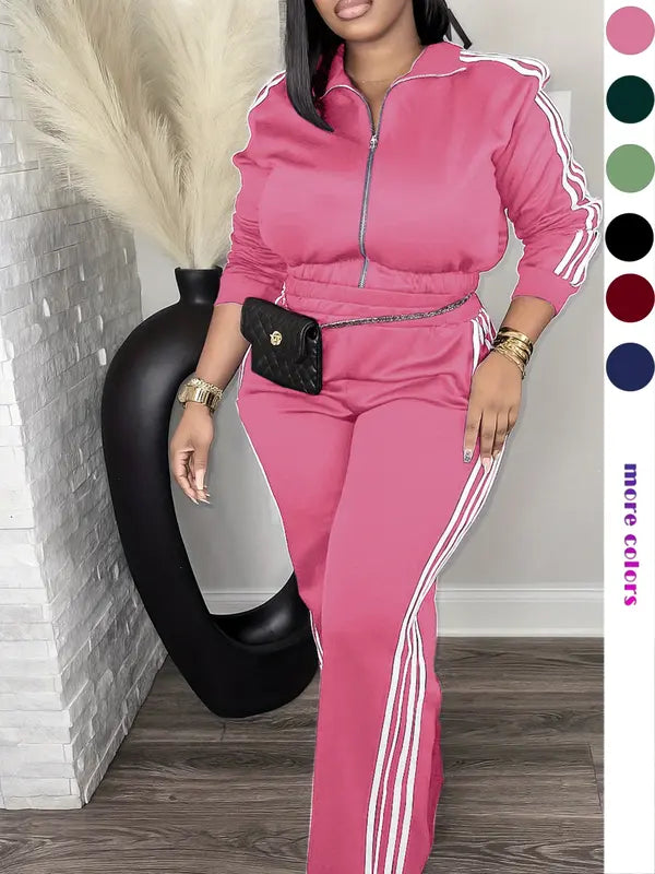 Women's Tracksuit Set, Casual Long Sleeve Zip Up Jacket & Pants Set for Spring & Fall, Women's Clothes for Daily Wear
