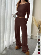 Women's Casual Striped Long Sleeve Top & Loose Pocket Pants Set, European Style Womenswear, Comfortable for Daily Wear